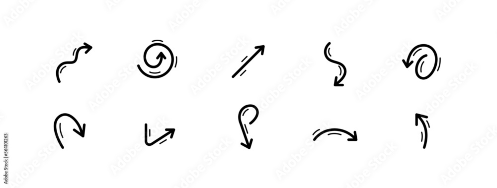 Poster 10 pixel perfect arrow icons. doodle user interface elements. set 7