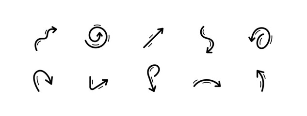 10 pixel perfect arrow icons. Doodle user interface elements. Set 7