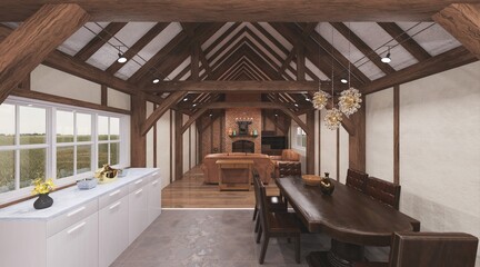 Rustic living room with kitchen interior 3d illustration