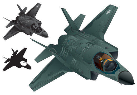 American stealth jet fighter aircraft F-35 Lightning II illustration (Dark green color and monotone, black silhouette set). (vector. eps. png. jpeg)	