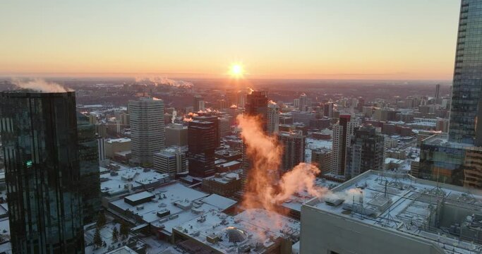  An aerial view of the sunset sky over Edmonton, Alberta, Canada in winter