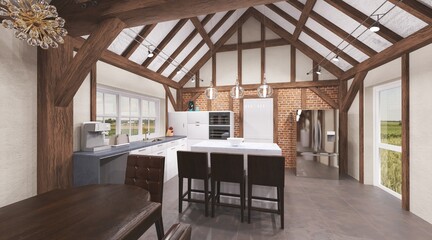 Fototapeta na wymiar Rustic living room with kitchen interior 3d illustration