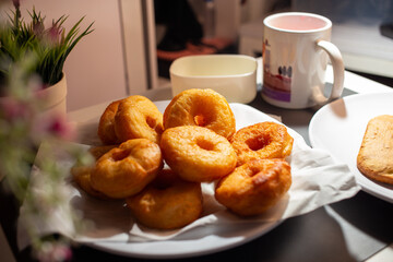 Delicious appetizing snack doughnuts with no topping