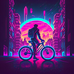 Ride a bicycle in the middle of town Cyberpunk Style. Generative Ai