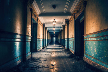 Forgotten Beauty: An old long corridor, abandonment, neglect, and the passage of time, Generative AI