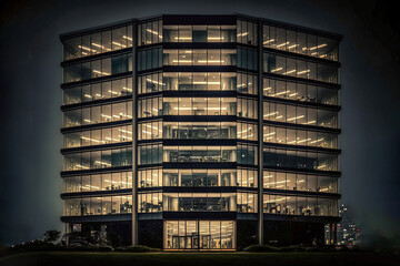 Office building at night with glass windows, front view, Generative AI
