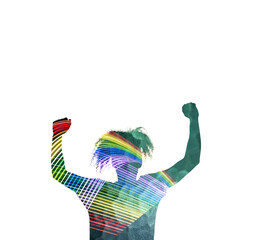 Silhouette of a man with his arms raised in an attitude of celebration with the colors of the rainbow.