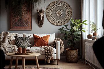 Interior of living room in a bohemian scandi style, wall mockup. Generative AI