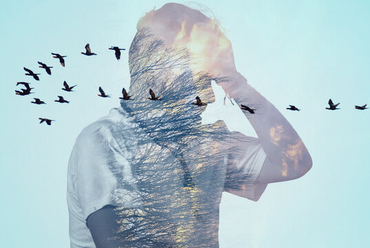 Triple exposure, Man with thoughts free