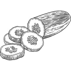 Hand drawn Sliced Cucumber Sketch Illustration