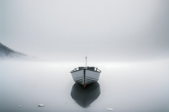 Minimalist picture of a small boat on a partially frozen lake. Winter landscape. Generative AI.