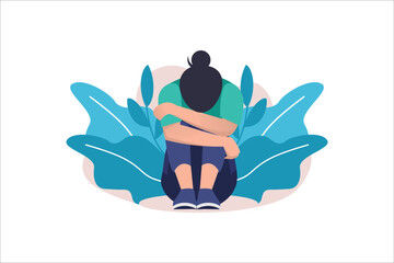 Depressed sad lonely woman in anxiety, sorrow vector cartoon illustration. Loneliness concept of depression with stressed girl sitting and holding her knees need psychotherapy help, - obrazy, fototapety, plakaty