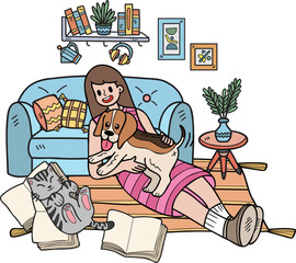 Hand Drawn The owner hugs the dog and catin the living room illustration in doodle style