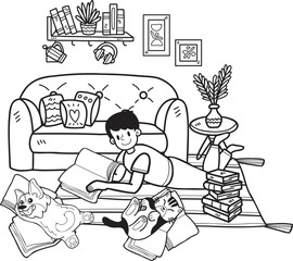Hand Drawn owner is lying in the room reading a book with the dog and cat illustration in doodle style