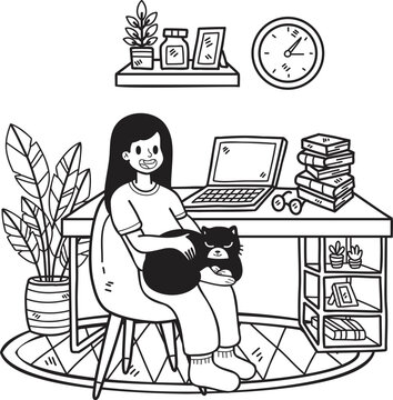 Hand Drawn The owner sits and hugs the cat in the office illustration in doodle style