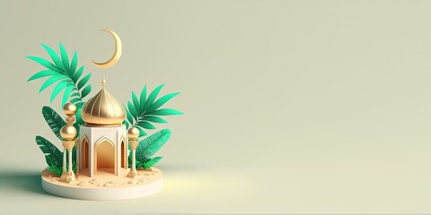 Ramadan Banner with 3D Illustration of Mosque and Copy Space