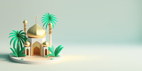Obraz premium Ramadan Banner with 3D Illustration of Mosque and Copy Space