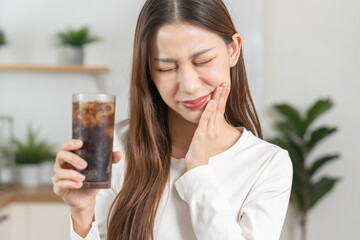 Health asian young woman, girl hand touching her mouth, suffering from toothache, decay or...