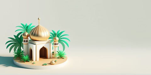 Ramadan Greeting with 3D Mosque Illustration and Palm Trees