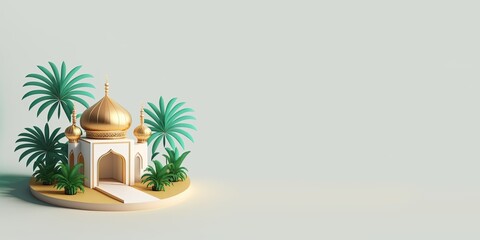 Obraz premium Ramadan Greeting with 3D Mosque Illustration and Palm Trees