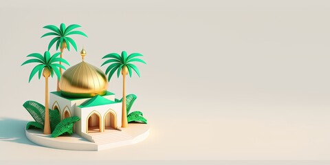 Fototapeta na wymiar Ramadan Greeting with 3D Mosque Illustration and Palm Trees