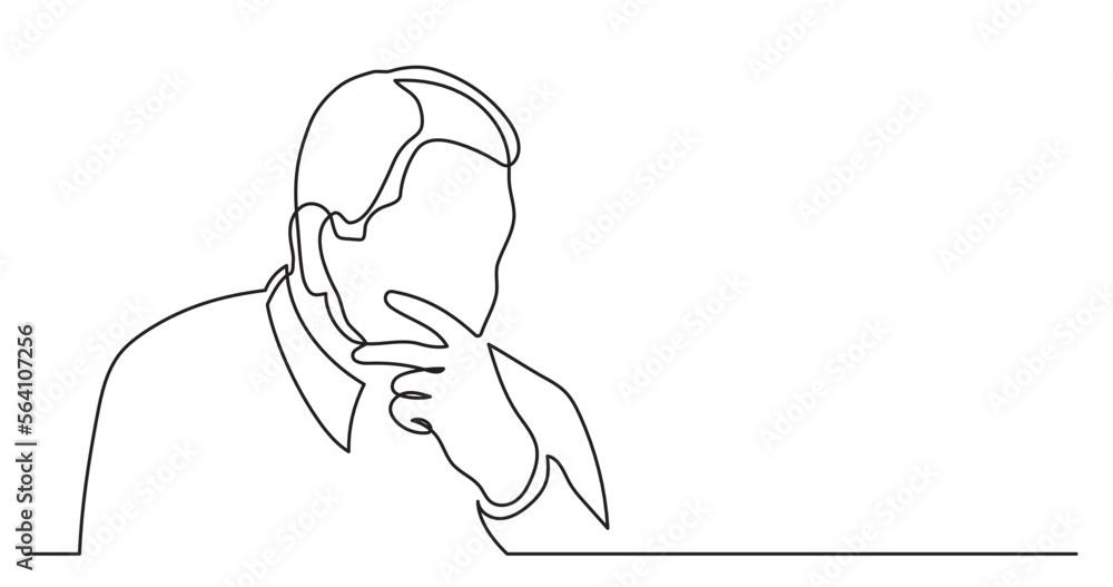 Poster continuous line drawing vector illustration with fully editable stroke of senior man thinking about 