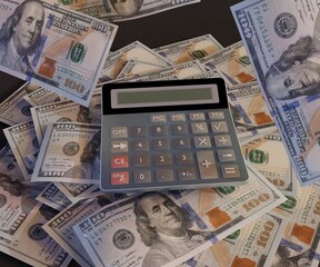 calculator on top of stack of money bills 100 US dollar 3d rendering