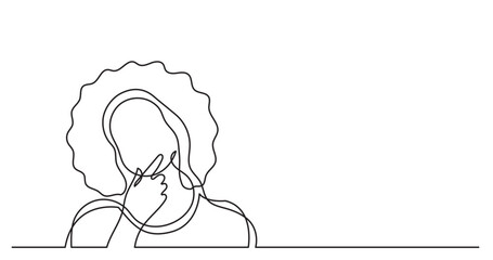 continuous line drawing vector illustration with FULLY EDITABLE STROKE of afro hairstyle woman thinking about idea solving problems finding solutions