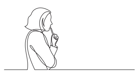continuous line drawing vector illustration with FULLY EDITABLE STROKE of woman professional thinking finding solutions solving problems
