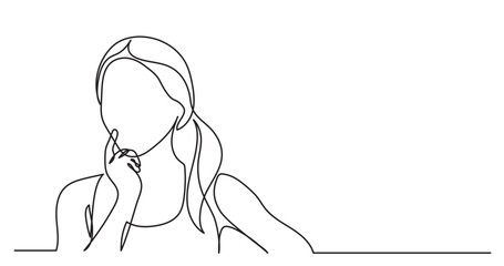 continuous line drawing vector illustration with FULLY EDITABLE STROKE of woman thinking finding solutions solving problems