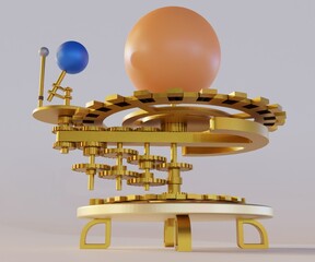 The Tellurion Orrery. Isolated complex brass Orrery of the Earth and the Moon as they travel around the Sun 3d rendering