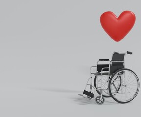Isolated wheelchair with red heart shape background 3d rendering