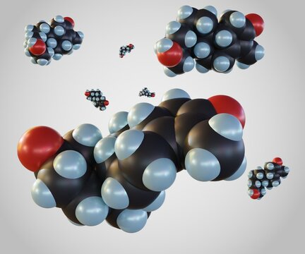 Isolated steroid U molecule in the white background. Carbon atoms in black, oxygens in red and hydrogens in grey 3d rendering