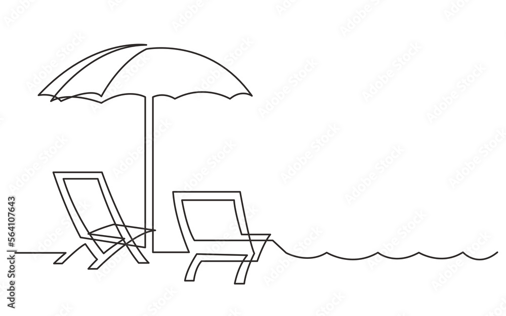 Sticker continuous line drawing vector illustration with fully editable stroke of beach chair and sea waves