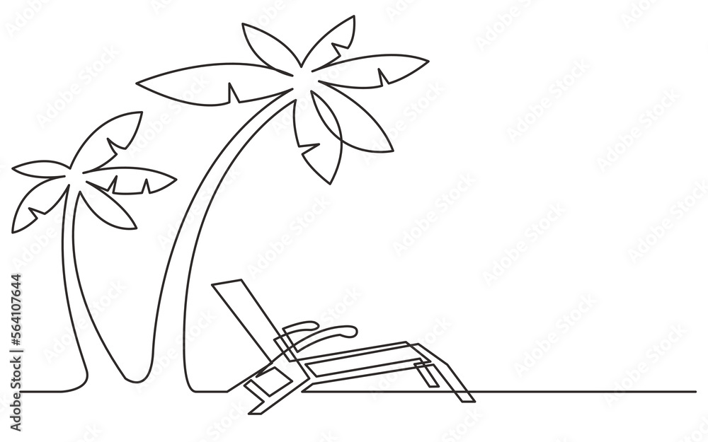 Poster continuous line drawing vector illustration with fully editable stroke of beach chair and palm tree
