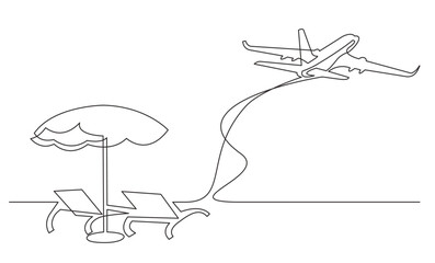 continuous line drawing vector illustration with FULLY EDITABLE STROKE of beach chairs umbrella passenger jet
