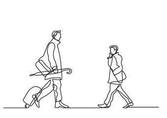 continuous line drawing vector illustration with FULLY EDITABLE STROKE of commuters passing by