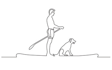 continuous line drawing vector illustration with FULLY EDITABLE STROKE of man dog paddling on board - obrazy, fototapety, plakaty
