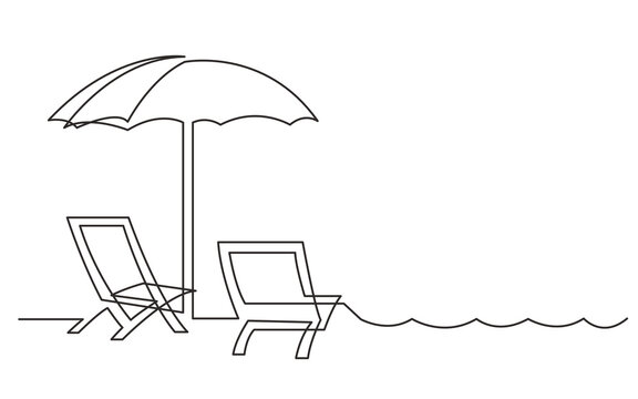 continuous line drawing vector illustration with FULLY EDITABLE STROKE of beach chair and sea waves