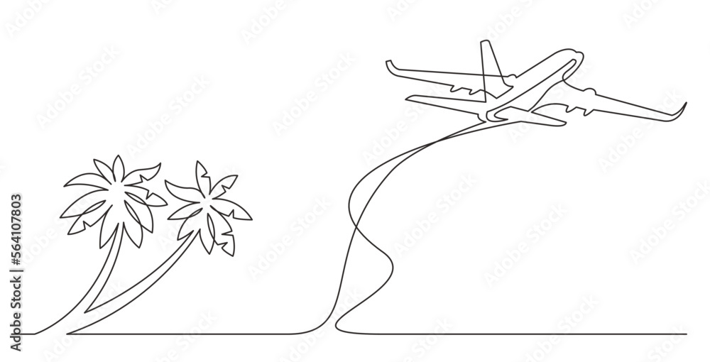 Aufkleber continuous line drawing vector illustration with fully editable stroke of palm trees on beach airpla