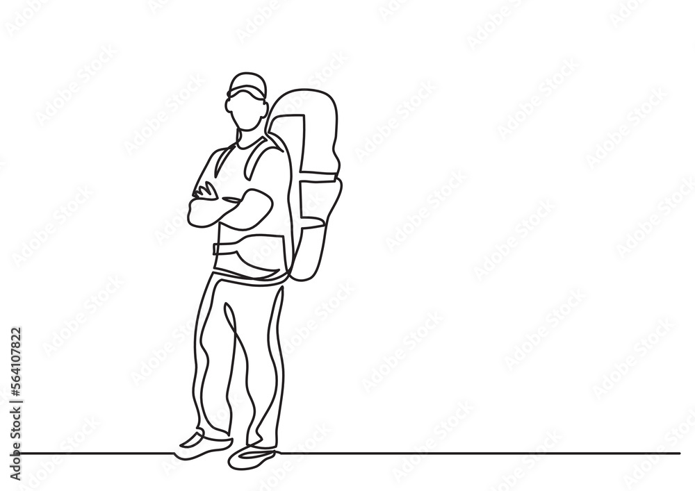 Poster continuous line drawing vector illustration with fully editable stroke of standing traveler with bac