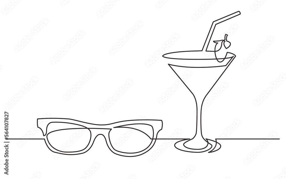 Sticker continuous line drawing vector illustration with FULLY EDITABLE STROKE of sunglasses cocktail drink