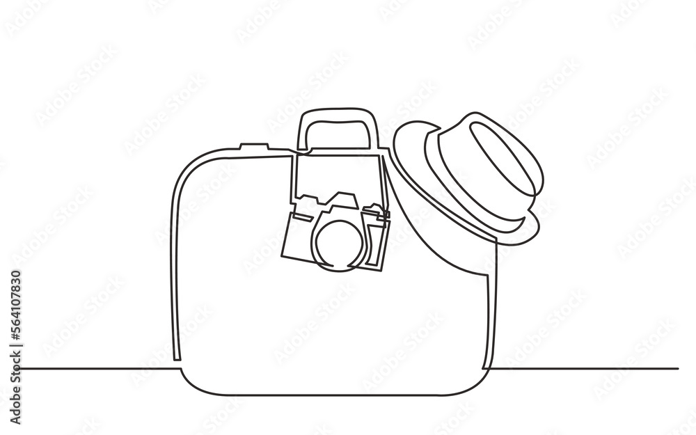 Wall mural continuous line drawing vector illustration with fully editable stroke of travel suitcase hat camera