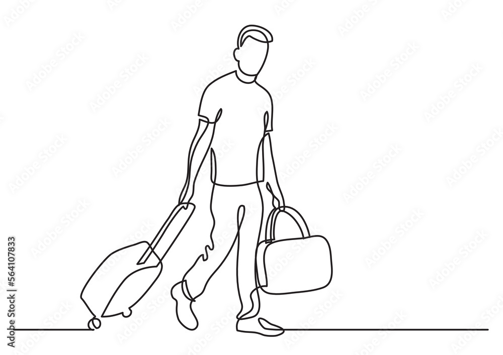 Poster continuous line drawing vector illustration with fully editable stroke of traveler walking rolling b
