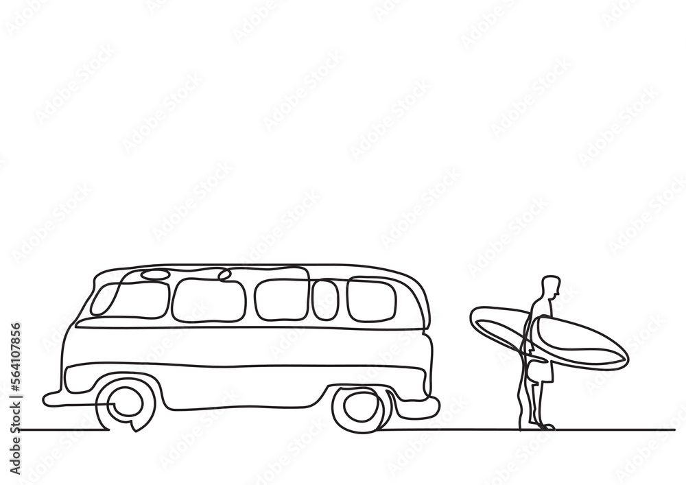 Poster continuous line drawing vector illustration with fully editable stroke of van man with sirfboard on 
