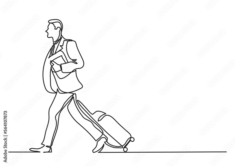 Wall mural single line drawing businessman walking with laggage