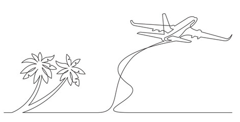 continuous line drawing vector illustration with FULLY EDITABLE STROKE of palm trees on beach airplane