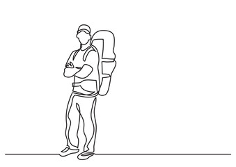 continuous line drawing vector illustration with FULLY EDITABLE STROKE of standing traveler with backpack