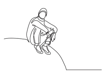 continuous line drawing vector illustration with FULLY EDITABLE STROKE of traveler sitting on hill