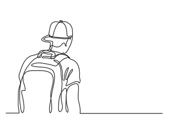 continuous line drawing vector illustration with FULLY EDITABLE STROKE of young man with backpack